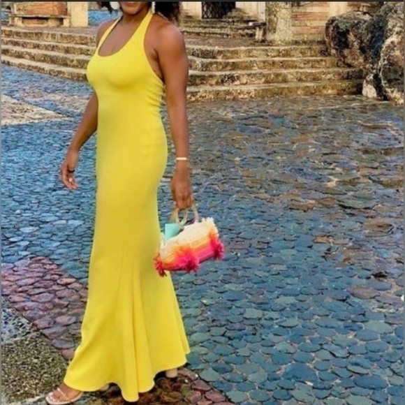 Black Halo Napa Halter dress in a vibrant yellow size 12. Trumpet skirt - Picture 2 of 7